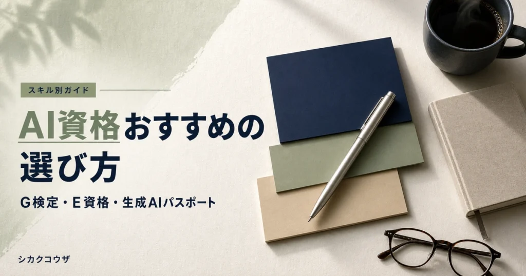 濃紺の机にノートパソコンと手帳を広げてAI資格の受験要件を比較検討するイメージ（ai 資格 おすすめ）