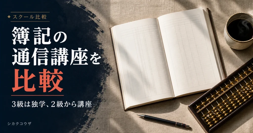 濃紺の机にノートパソコンとノートを広げて簿記の通信講座を比較検討するイメージ（簿記 通信講座 比較）