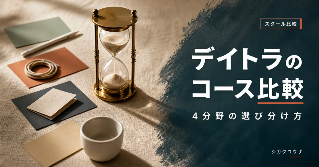 濃紺の机にノートパソコンと手帳を広げてデイトラのコースを比較検討するイメージ（デイトラ コース 比較）