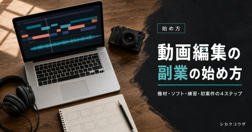 濃紺の机にノートパソコンと手帳を広げて動画編集の副業の始め方を計画するイメージ（動画編集 副業 始め方）