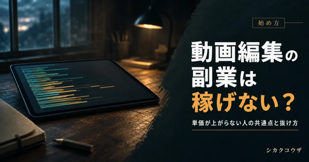 濃紺の机にノートパソコンと手帳を広げ、動画編集の副業の単価と担当工程を見直すイメージ（動画編集 副業 稼げない）