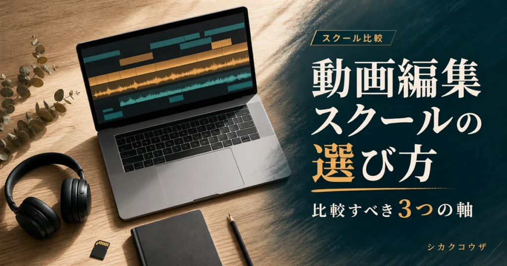 濃紺の机にノートパソコンと手帳を置いて動画編集スクールを比較検討するイメージ(動画編集 スクール おすすめ)