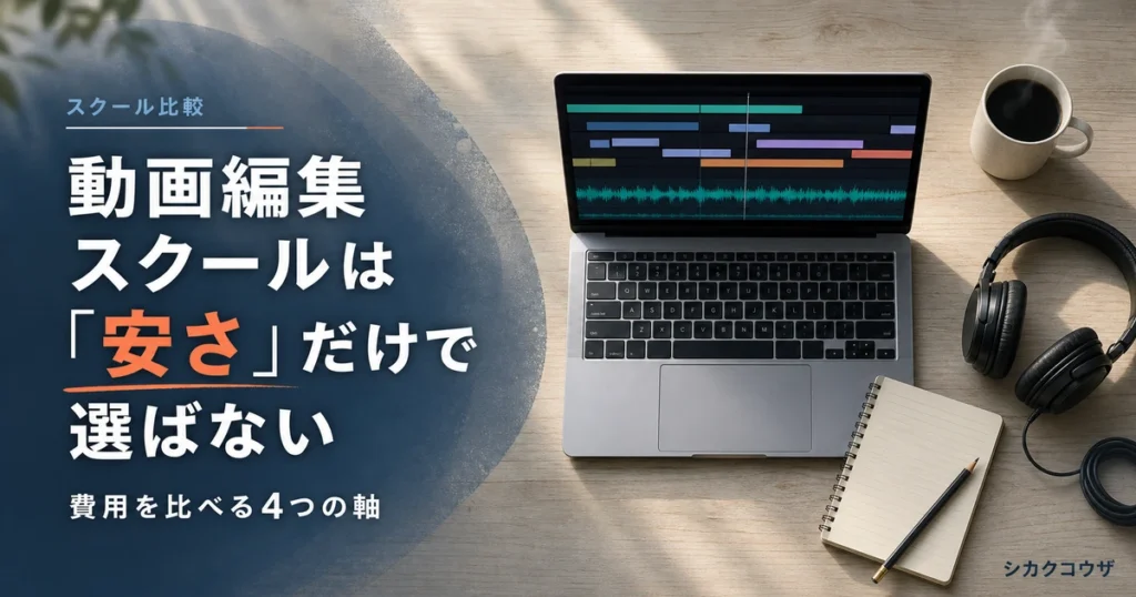濃紺の机にノートパソコンと手帳を広げて動画編集スクールの費用を比較検討するイメージ（動画編集 スクール 安い）