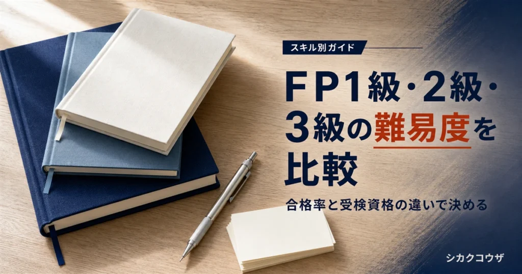 濃紺の机にノートパソコンと手帳を広げてFP技能検定の級ごとの受検資格と合格率を比較検討するイメージ（ファイナンシャルプランナー 難易度）
