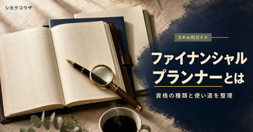 濃紺の机にノートパソコンと手帳を広げてFP資格の種類と使い道を整理するイメージ（ファイナンシャルプランナーとは）