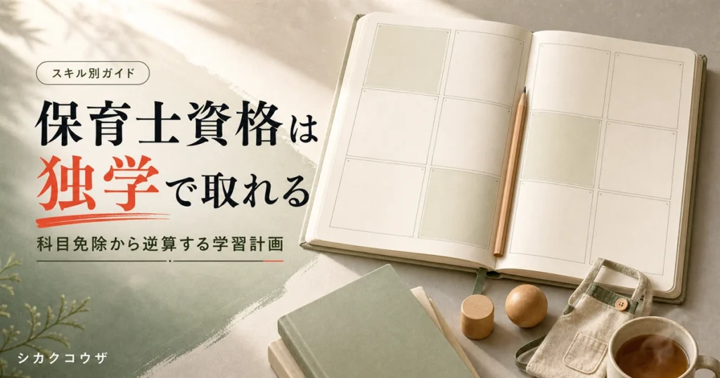 濃紺の机にノートパソコンと手帳を広げて保育士試験の受験計画を立てるイメージ（保育士 資格 独学）