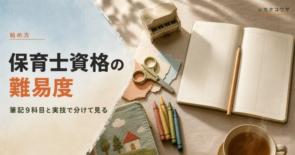 濃紺のデスクマットの上にノートパソコンと手帳を広げ、保育士試験の学習計画を立てるイメージ（保育士 資格 難易度）