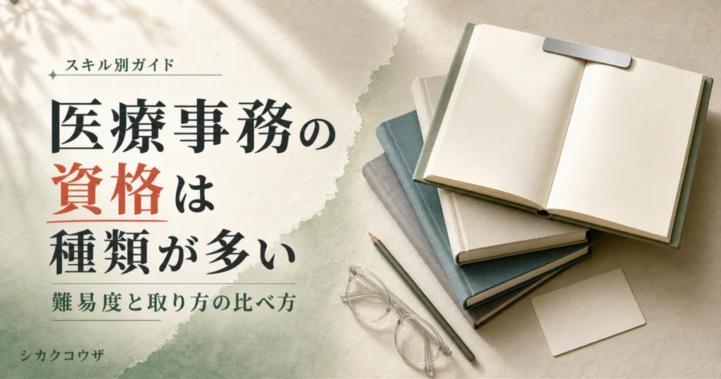 濃紺の机でノートパソコンと手帳を広げ、医療事務の資格の難易度と取り方を比較検討するイメージ（医療事務 資格 難易度）