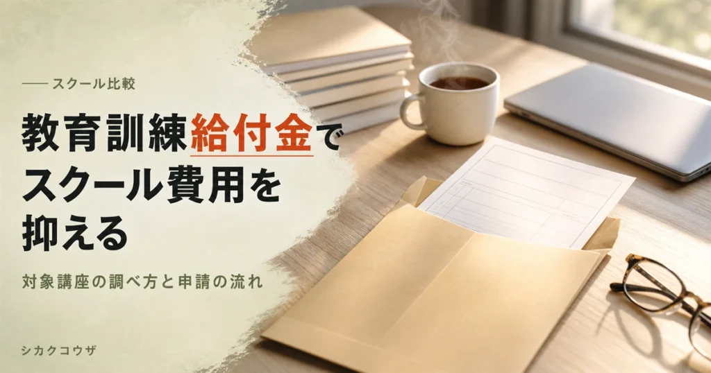 濃紺の机にノートパソコンと手帳を広げて教育訓練給付金の対象講座を調べるイメージ（教育訓練給付金 スクール）