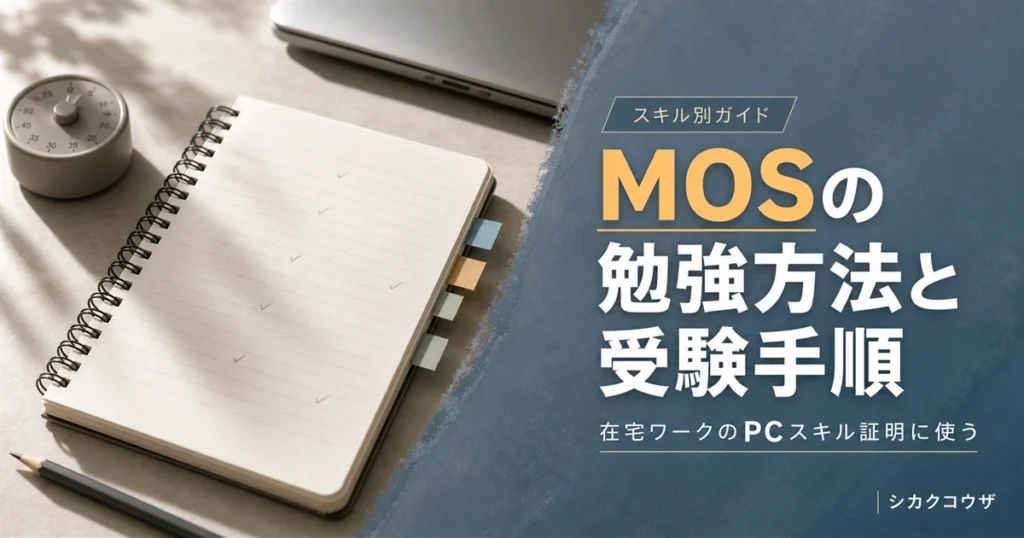 濃紺の机にノートパソコンと手帳を広げてMOSの勉強方法と受験手順を確認するイメージ（mos 資格勉強方法）