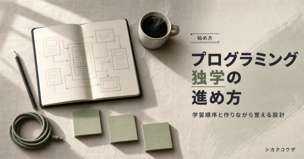 濃紺の机にノートパソコンと手帳を広げて独学の学習順序を組み立てるイメージ（プログラミング 独学）
