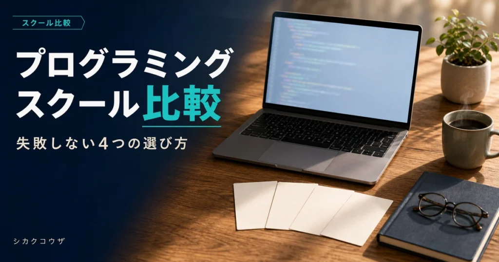 ノートパソコンと手帳を置いた机でプログラミングスクールを比較検討するイメージ（プログラミングスクール おすすめ）
