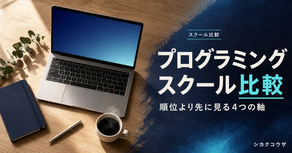 濃紺の机にノートパソコンと手帳を広げてプログラミングスクールのランキングを比較検討するイメージ（プログラミングスクール ランキング）