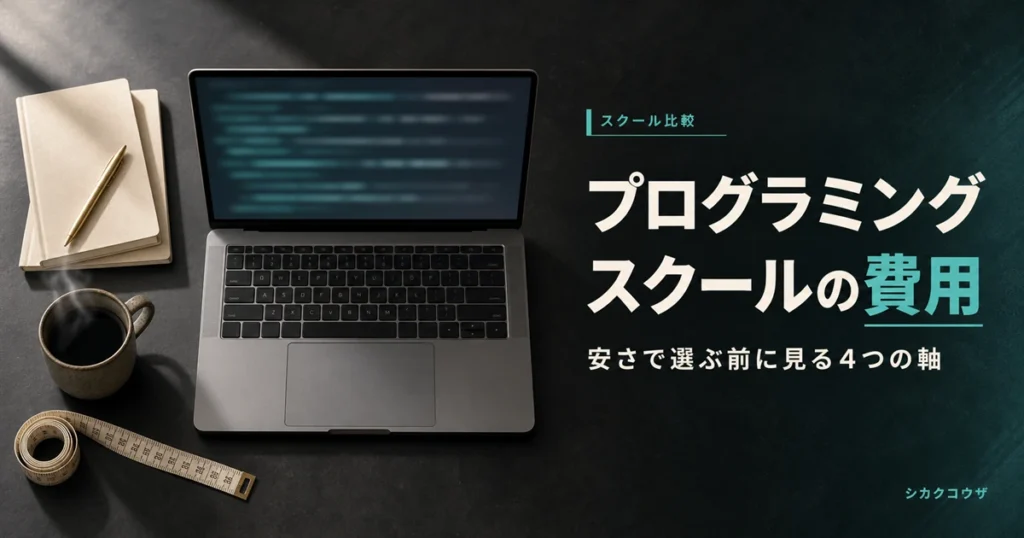 濃紺の机上でノートパソコンと手帳を広げ、プログラミングスクールの費用を比較検討するイメージ（プログラミングスクール 安い）