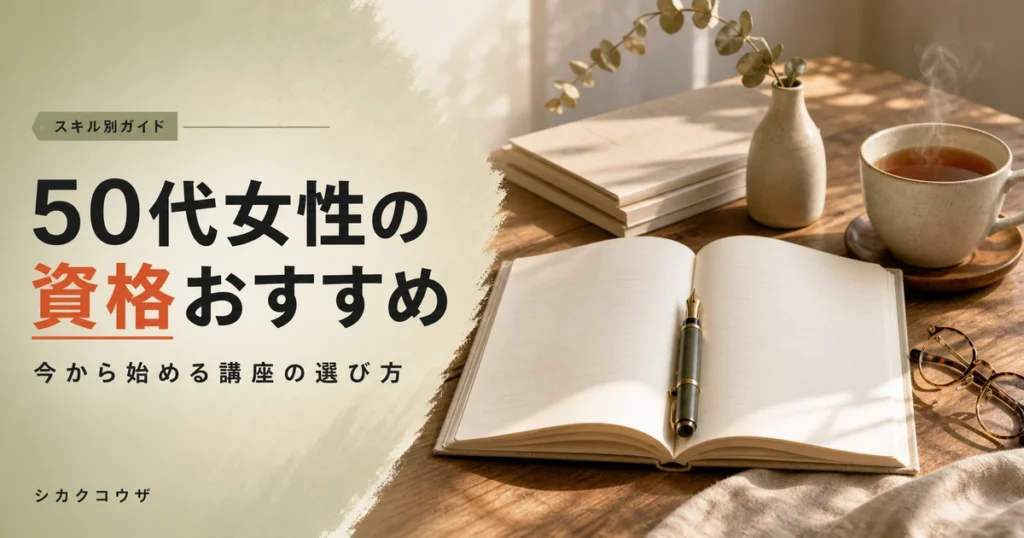 濃紺の机にノートパソコンと手帳を広げて通信講座を比較検討するイメージ（50代 女性 資格 おすすめ）