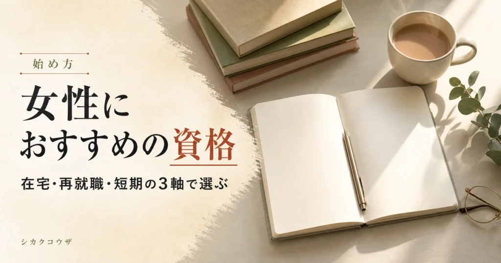 ノートパソコンと手帳を置いた机で資格の学習を検討する女性のイメージ(資格 おすすめ 女性)