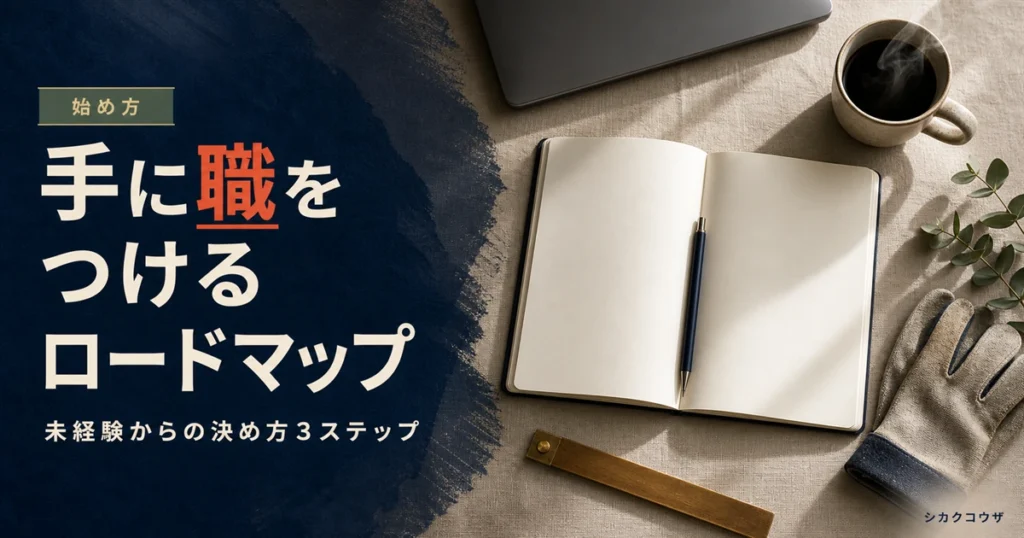 濃紺の机にノートパソコンと手帳を置いて学習計画を立てるイメージ（手に職をつける 未経験）