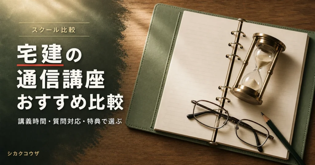 濃紺の机にノートパソコンと手帳を広げて宅建の通信講座を比較検討するイメージ（宅建 通信講座 おすすめ）