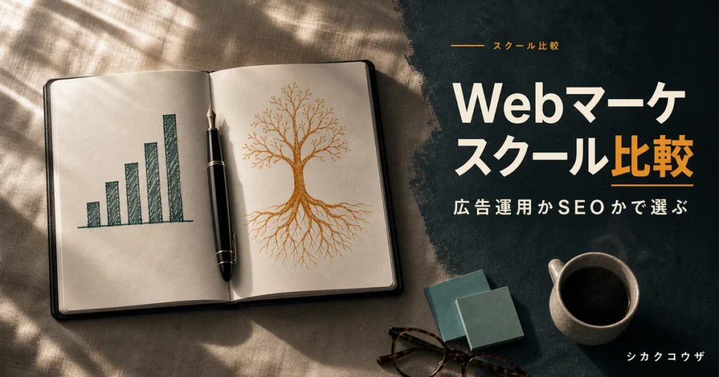 濃紺の机にノートパソコンと手帳を置いてWebマーケティングスクールを比較検討するイメージ(webマーケティング スクール おすすめ)