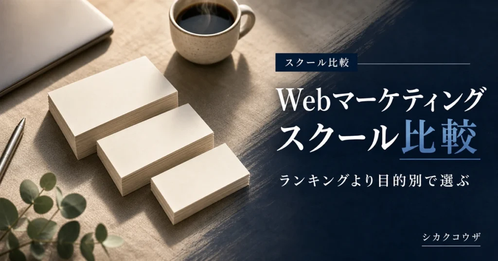 濃紺の机にノートパソコンと手帳を広げてWebマーケティングスクールを目的別に比較検討するイメージ（webマーケティング スクール ランキング）