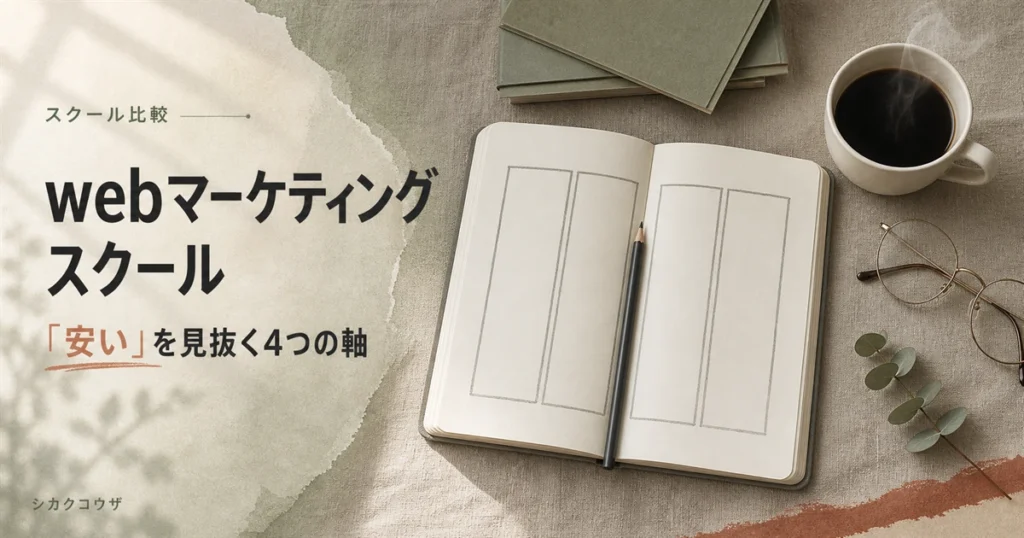 濃紺の机にノートパソコンと手帳を広げてwebマーケティングスクールの料金を比較検討するイメージ（webマーケティング スクール 安い）
