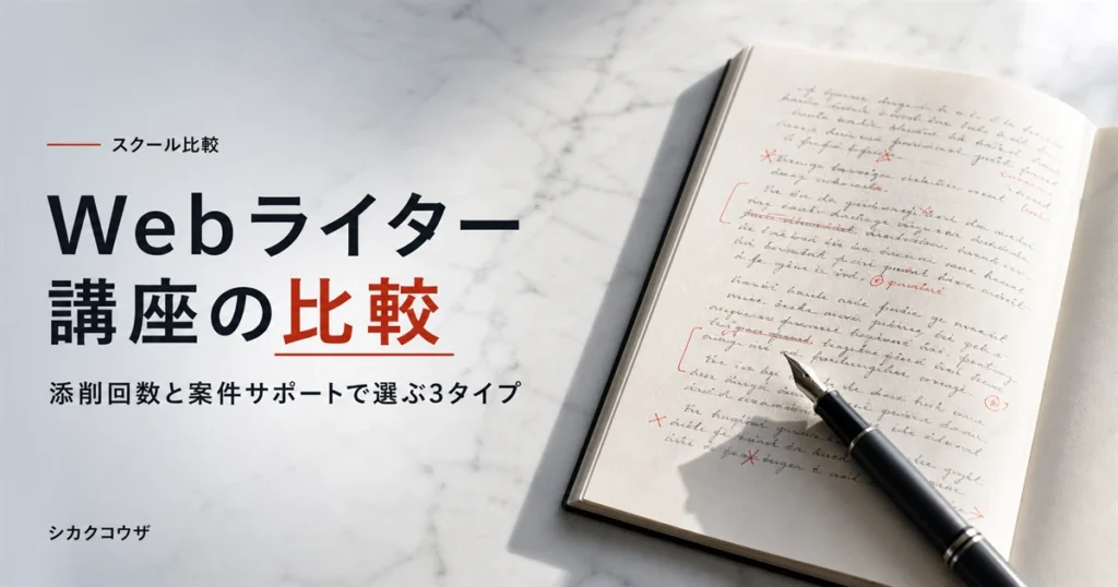 濃紺の机にノートパソコンと手帳を広げてWebライター講座を比較検討するイメージ（webライター 講座 比較）