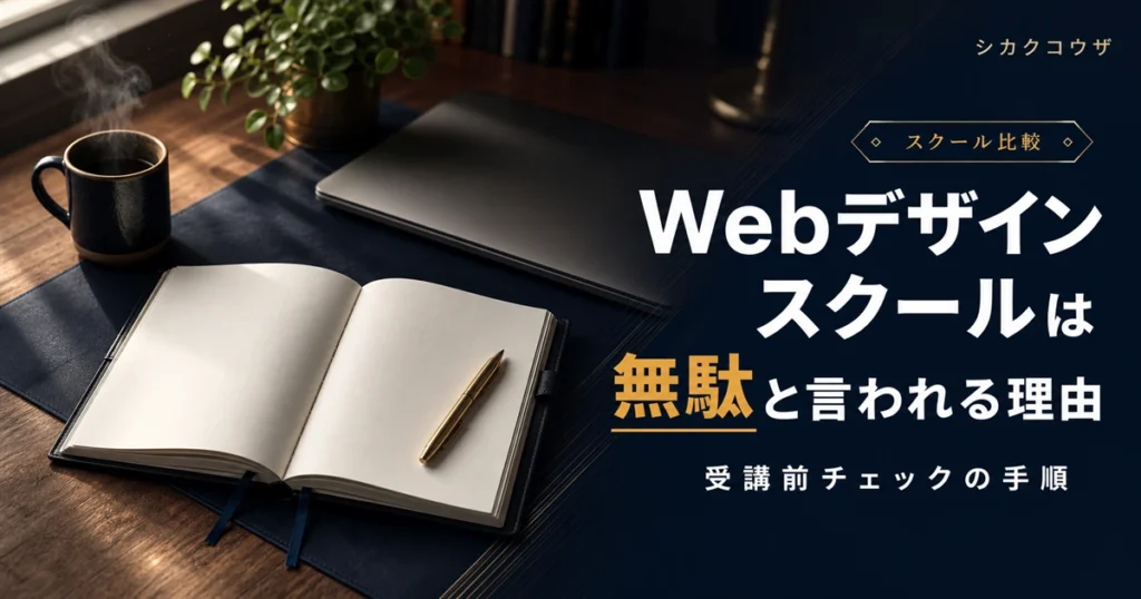 濃紺のデスクにノートパソコンと手帳を広げ、Webデザインスクールの受講を検討するイメージ（webデザイン スクール 無駄）
