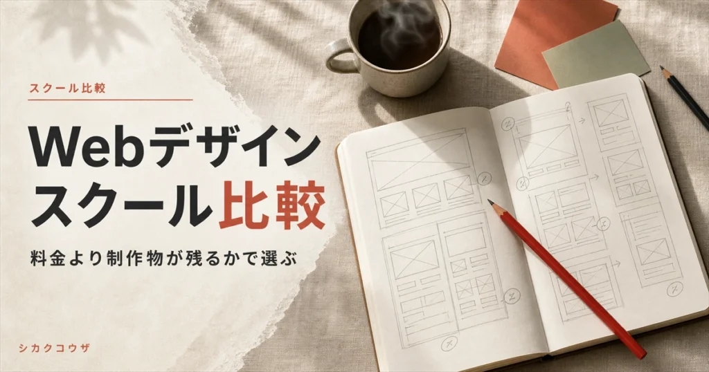 濃紺の机にノートパソコンと手帳を広げてWebデザインスクールの比較項目を書き出すイメージ（webデザイン スクール おすすめ）