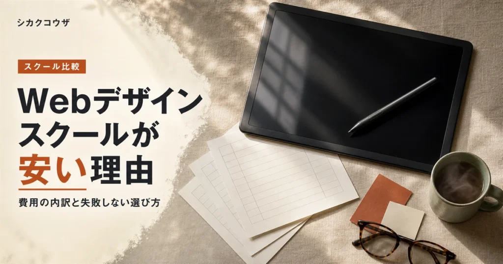 濃紺の机にノートパソコンと手帳を広げてWebデザインスクールの費用を比較検討するイメージ（webデザイン スクール 安い）