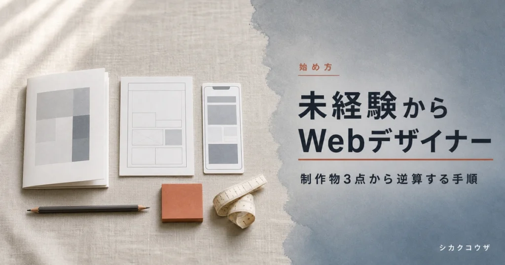 濃紺のデスクにノートパソコンと手帳を広げて未経験からWebデザイナーになる手順を整理するイメージ（webデザイナー 未経験 なるには）