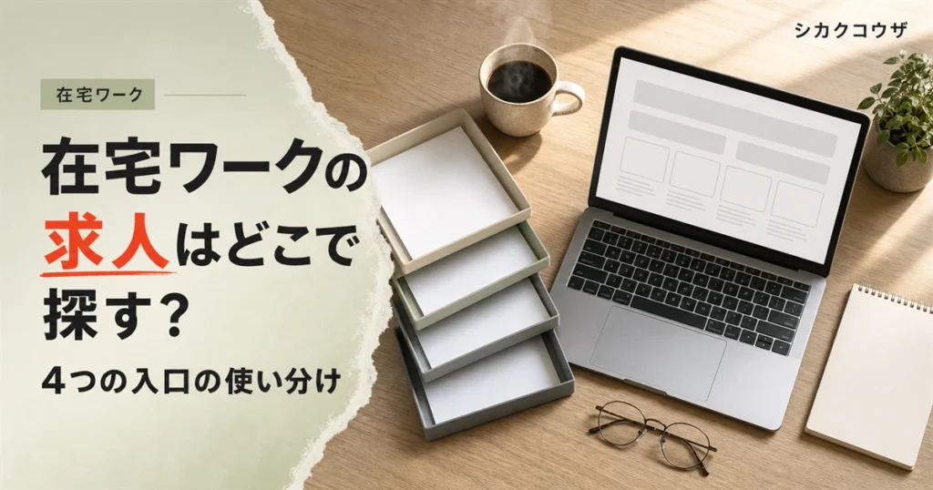 濃紺の机にノートパソコンと手帳を広げて在宅ワークの求人の探し方を整理するイメージ（在宅ワーク 求人）