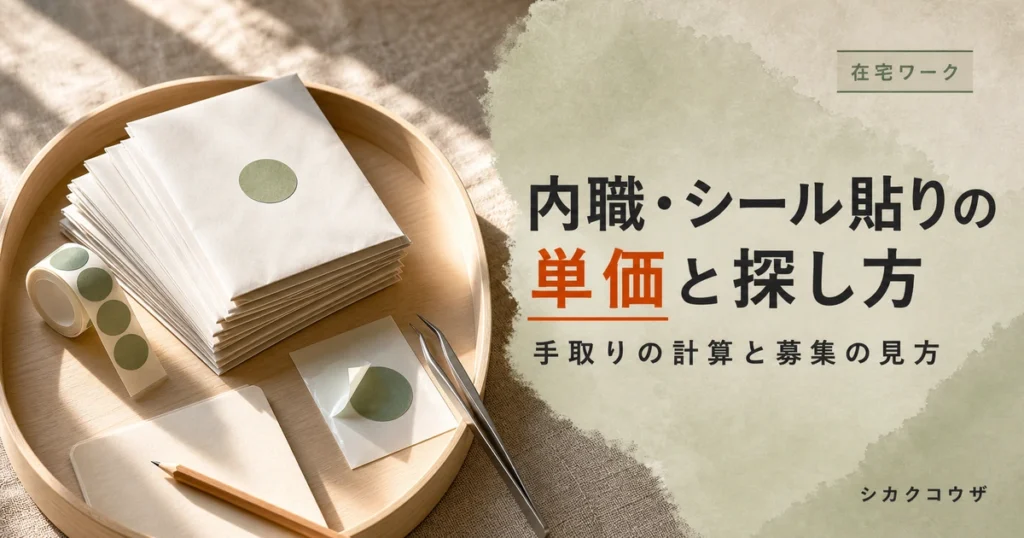 濃紺の机にノートパソコンと手帳、無地のラベルシートを並べて内職・シール貼りの単価を計算するイメージ（在宅ワーク 内職 シール貼り）