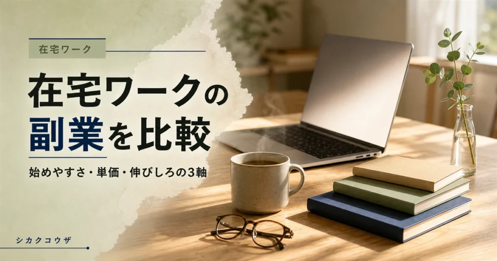 濃紺のデスクにノートパソコンと手帳を広げて在宅ワークの副業を比較検討するイメージ（在宅ワーク 副業）