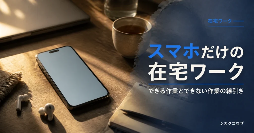 濃紺のデスクにノートパソコンと手帳、画面を伏せたスマートフォンを並べてスマホだけの在宅ワークを検討するイメージ（在宅ワーク スマホ）